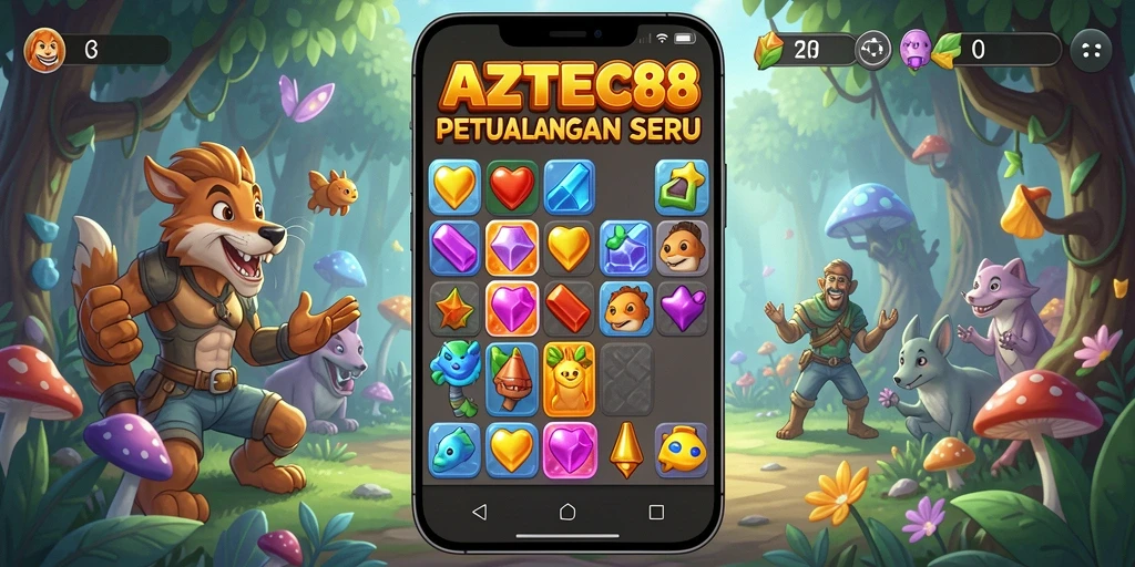 Screenshot gameplay AZTEC88 menampilkan aksi mencocokkan permata yang seru.